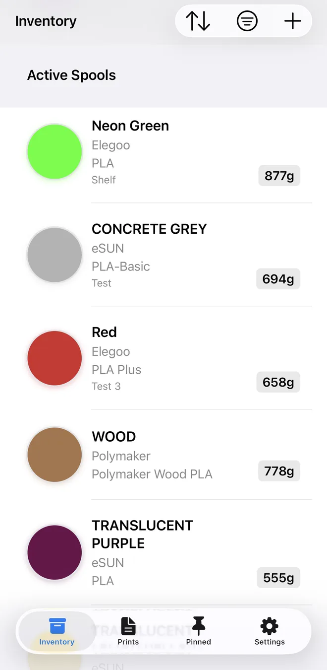 SpoolVault inventory screen showing remaining grams for each filament spool