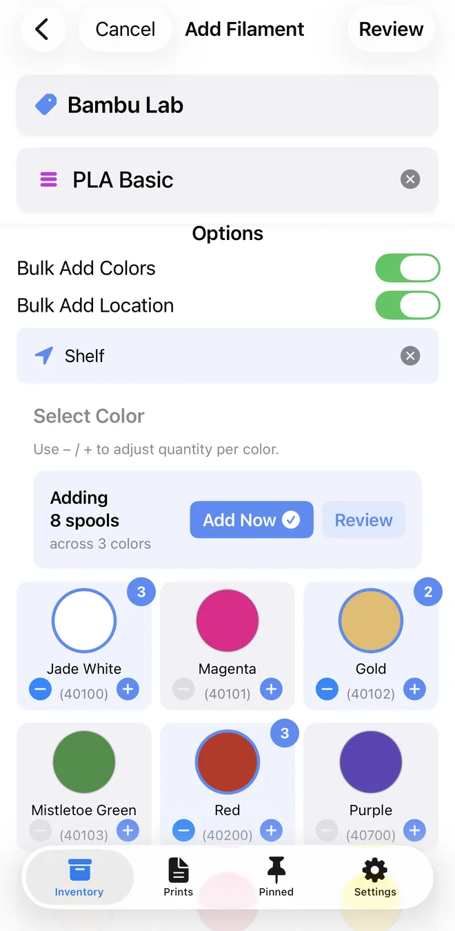 Bulk-adding Bambu Lab PLA Basic colors to a filament inventory