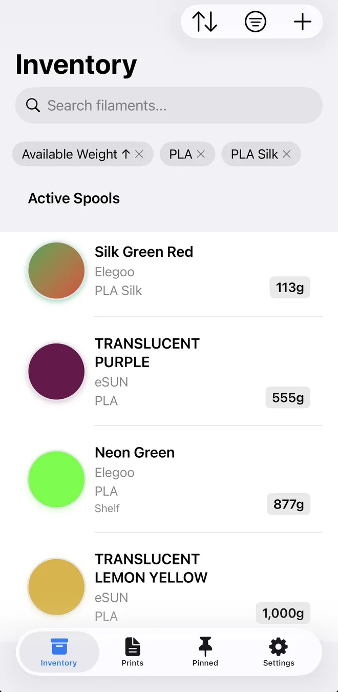 Searching and filtering a filament collection by material, color and weight