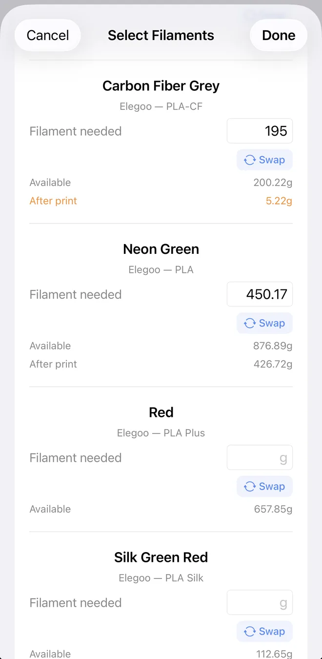 Selecting filaments for a print in SpoolVault, showing grams available and grams remaining after the print for each spool