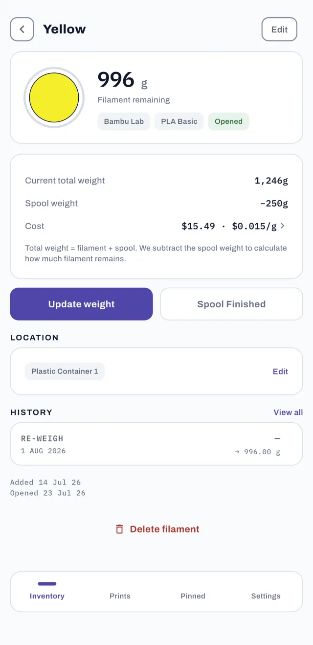 Filament detail: 996 g remaining, total weight minus spool weight, and cost per gram