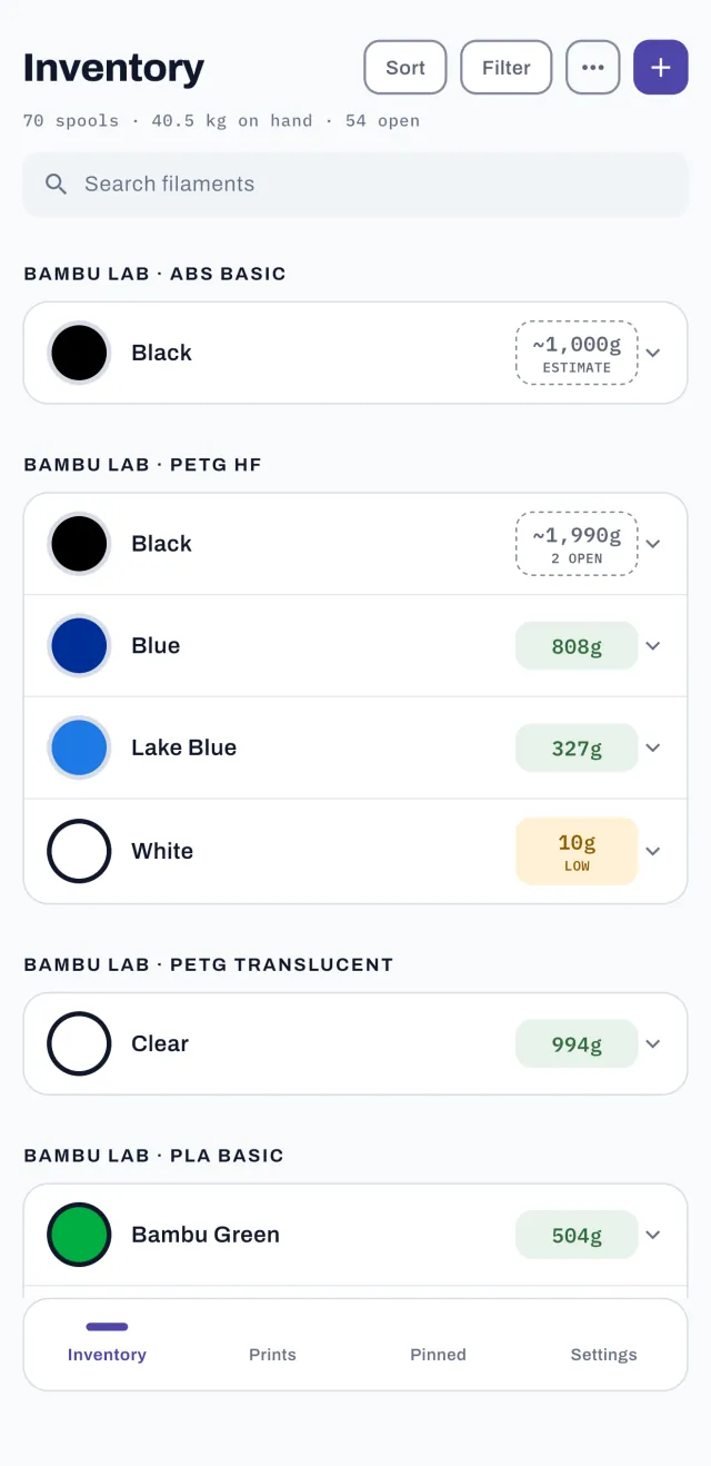 Filament inventory grouped by brand and type, showing grams left on each spool