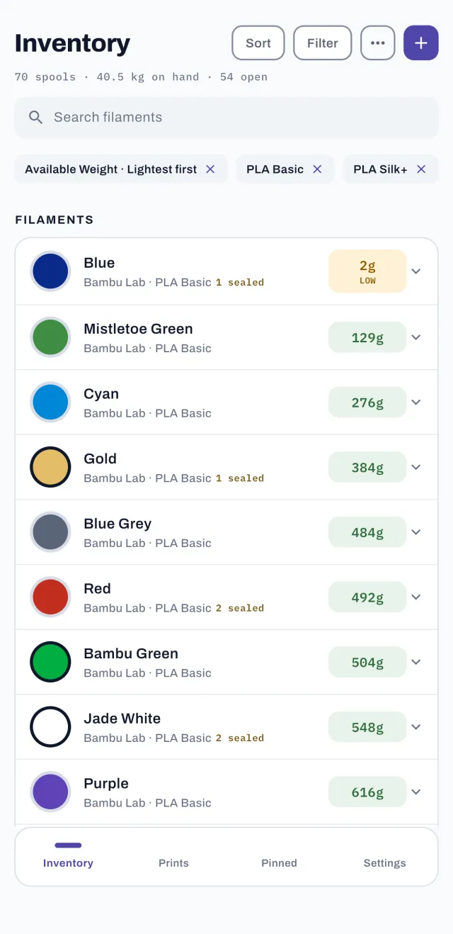 SpoolVault inventory sorted by remaining weight, with grams left on every spool and a low-stock warning