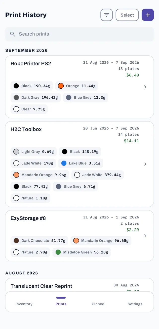Print history with grams used per color and the material cost of each project