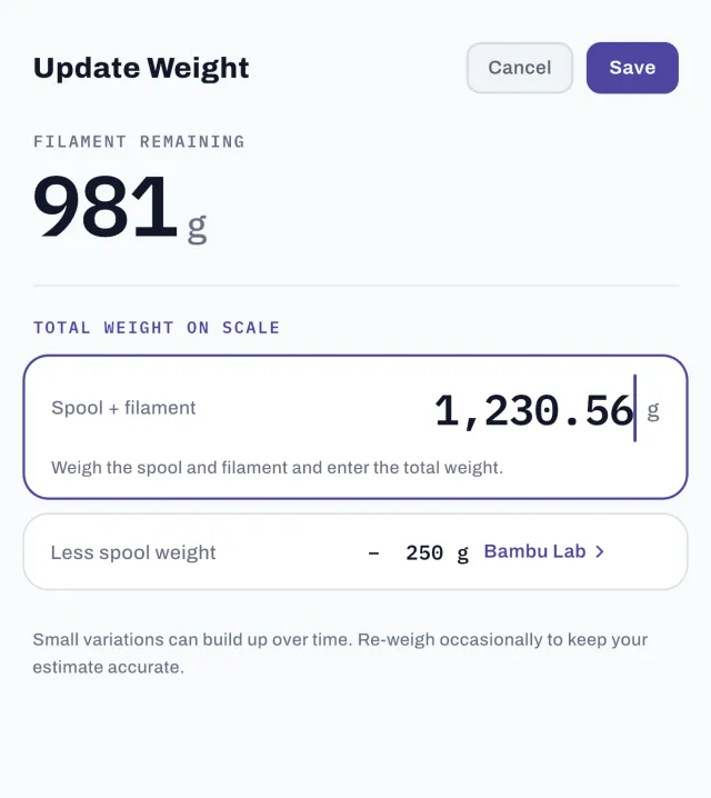 Update Weight in SpoolVault: 1,230.56 g on the scale, less the 250 g Bambu Lab spool, leaves 981 g of filament